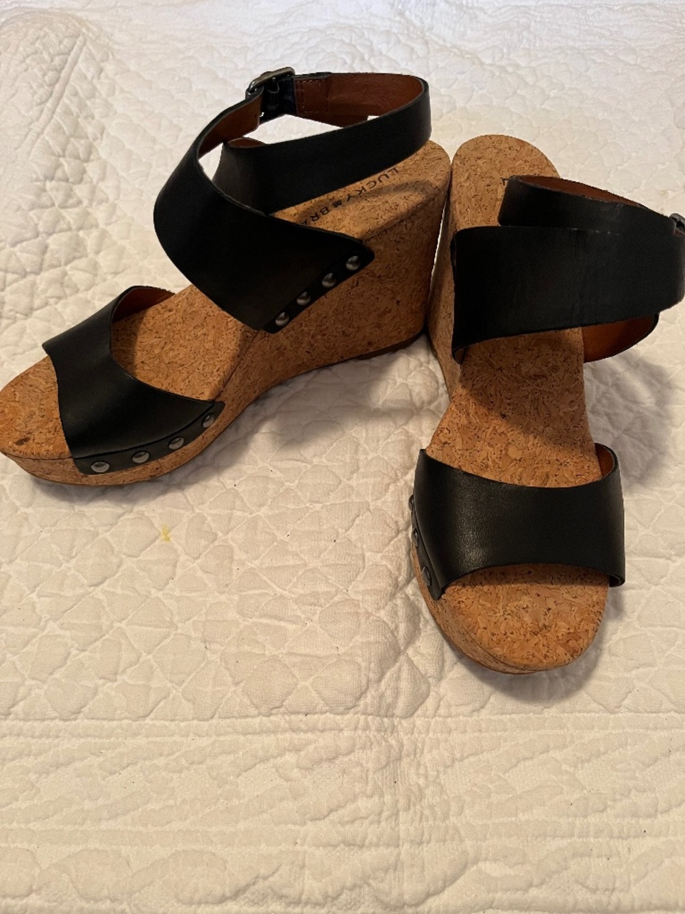 Lucky brand, black leather & cork wedge sandals
